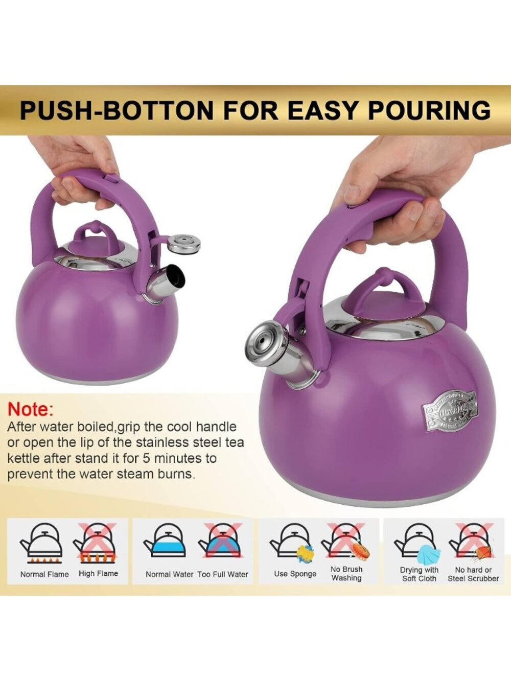 Purple Kitchen Whistling Tea Kettle 3.1 Quart Stainless Steel Stovetop Tea Pot - Picture 4 of 7